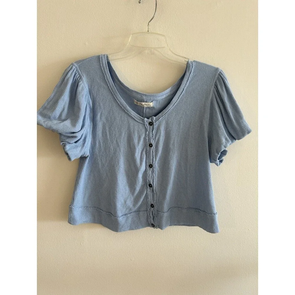 We The Free Free People Molly Blue Ribbed Knit Puff Sleeves Button Down Size L